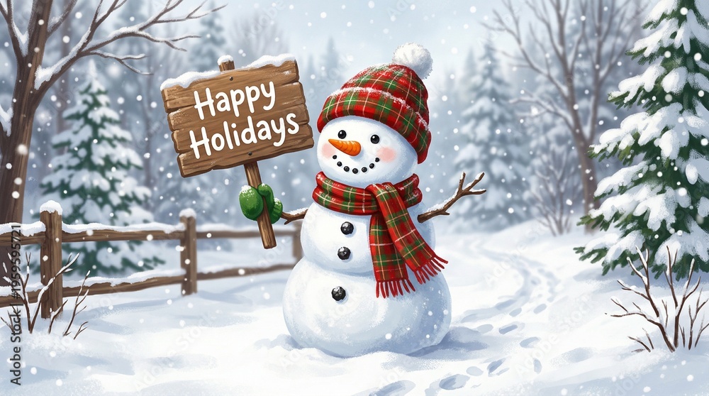 Fototapeta premium A charming snowman with a carrot nose and a plaid scarf, holds a wooden sign with Happy Holidays during a festive winter season, surrounded by falling snowflakes and a snowy, blurred background.