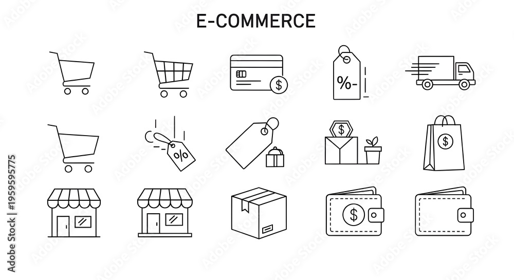Fototapeta premium Clean line icon set for retail business featuring shopping carts, price tags, secure payments, and delivery tracking.