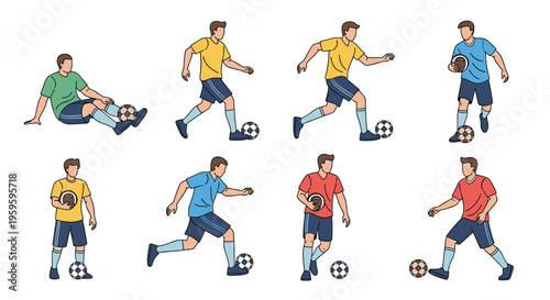 Action packed set of soccer players in various uniforms demonstrates different moves like dribbling, kicking and resting with a ball.