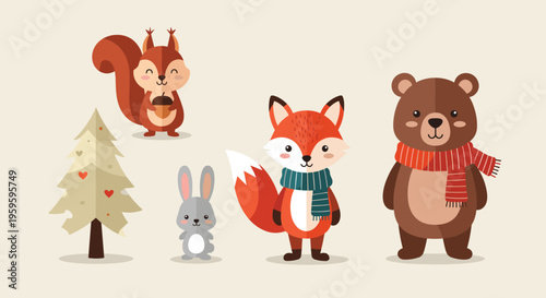 Cute woodland animals including a squirrel, fox, bear and rabbit stand together in a forest setting with a decorated tree.