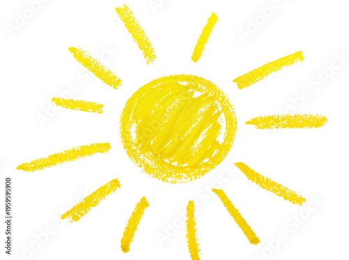 фотографія Yellow crayon sun drawing with radiating rays, a cheerful summer symbol isolated