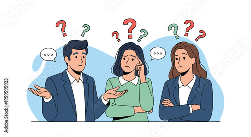 Three confused business professionals in office attire look upward with question marks and speech bubbles representing a problem.