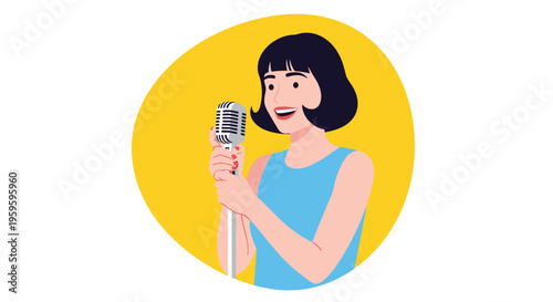 A smiling woman with short black hair and a blue dress sings into a vintage silver microphone within a yellow circle.