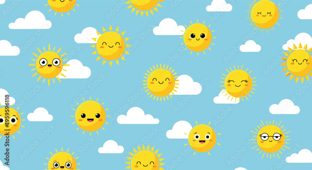 Fototapeta premium Cute seamless pattern of yellow smiling sun characters and white clouds floating across a bright light blue sky background.