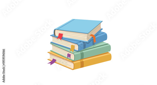 A neatly stacked pile of four colorful books with protruding bookmarks is presented horizontally on a clean white background.
