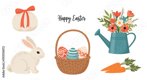 Beautiful easter collection of elements including a white rabbit, colored eggs in a basket, and flowers in a watering can.