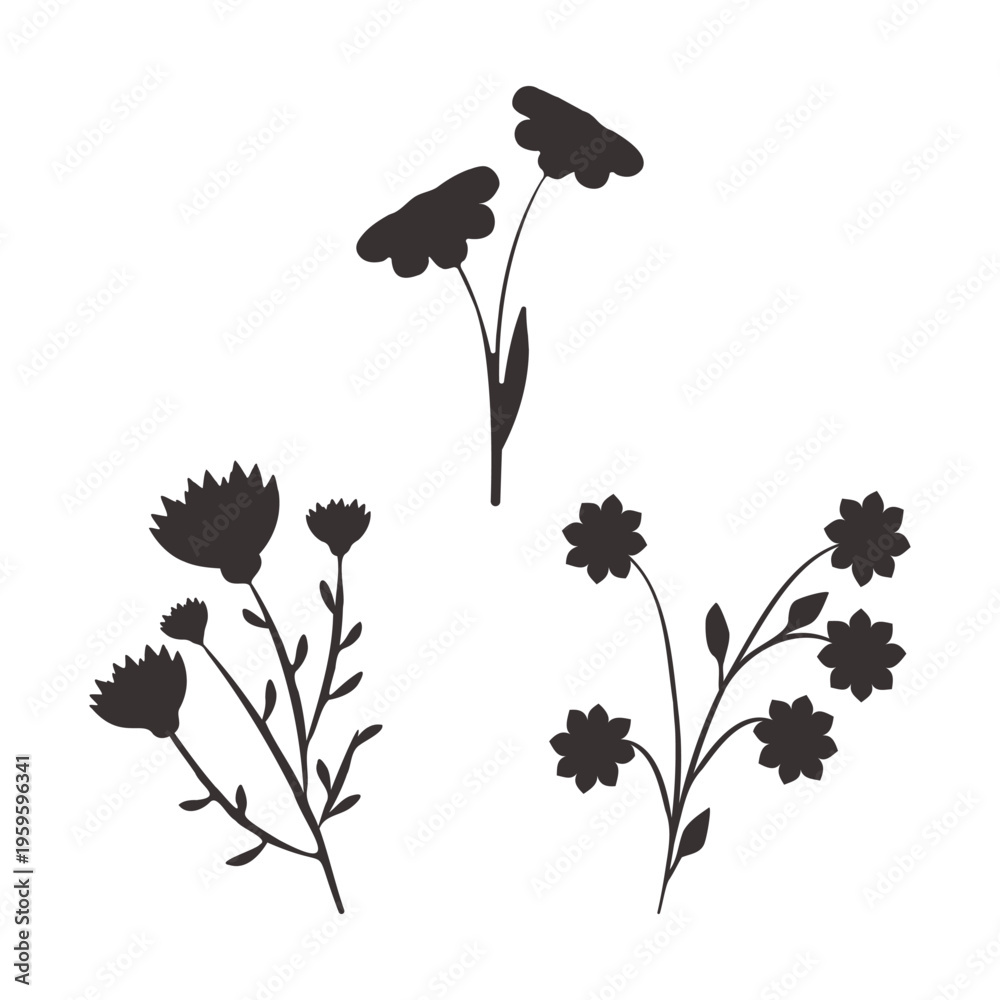 Naklejka premium Three black floral silhouettes are depicted on a clean white background. Each silhouette presents a unique abstract flower or plant arrangement, suitable for various graphic design purposes.