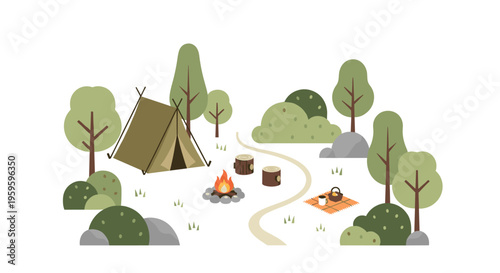 A flat illustration depicts a peaceful campsite with a tent, campfire, and picnic setup surrounded by green trees and bushes on a white background.