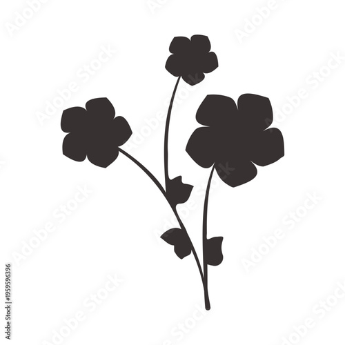 A black silhouette of three abstract flowers and small leaves on a plain white background. This stylized floral design is elegant and simple.