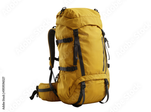 Fotografie Large mustard yellow hiking backpack, a durable outdoor rucksack with black stra
