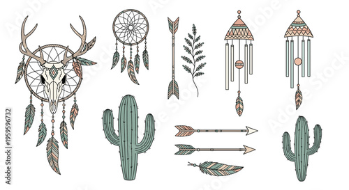 Collection of bohemian tribal elements including dreamcatchers, arrows, deer skull, cacti, feathers and wind chimes in ethnic style.