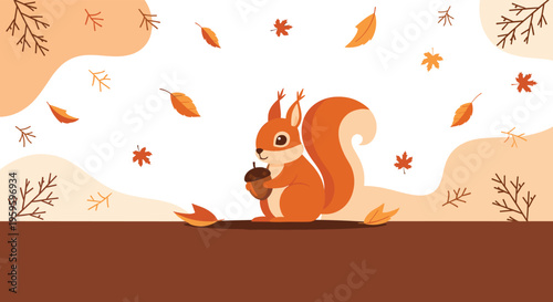 Cute squirrel sitting on the ground holding an acorn surrounded by falling orange autumn leaves in a forest setting.