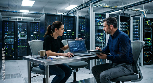Professional IT engineers discussing network infrastructure in a high-tech data center.