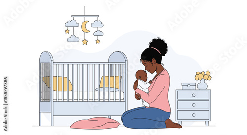 African american mother holding and cuddling her baby in a nursery room with a crib and mobile for a peaceful childhood scene.