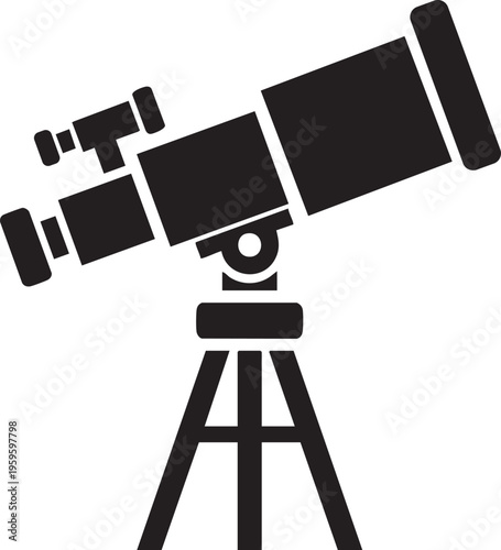 A simple black and white vector illustration of a telescope mounted on a sturdy tripod base stand