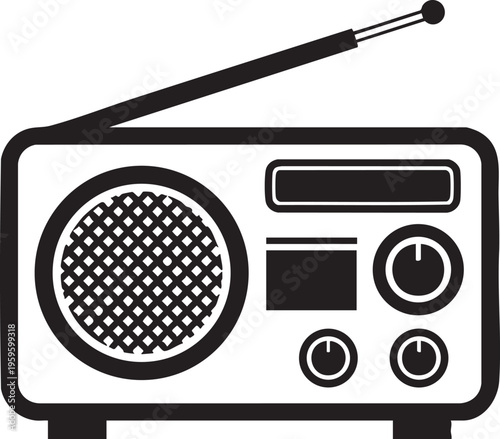 A black and white vector illustration depicting a vintage style portable radio with an antenna