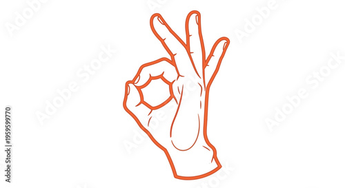 Orange Outline Hand Making OK Gesture on Isolated White Background