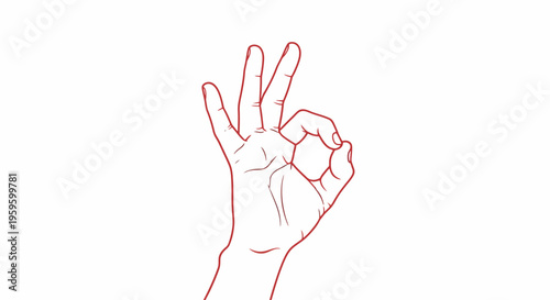 Red Line Art Hand Making OK Gesture on Isolated White Background