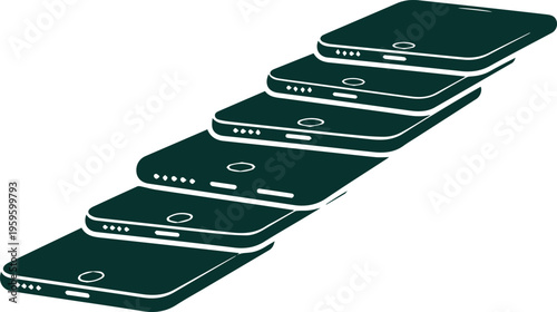 Minimalist smartphone staircase vector illustration, dark green mobile phone sequence, digital device progression for technology growth concepts