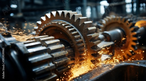 Close-up of large industrial gears in motion. Sparks fly from friction, illustrating the power of machinery. This image captures the essence of engineering and industrial artistry. AI