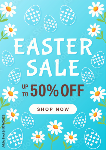 Easter discount flyer with daisies and decorative eggs vector illustration.