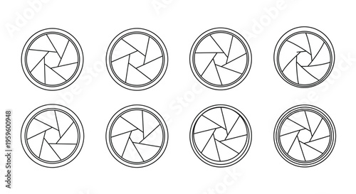 Eight circular diagrams depicting aperture blades at varying stages of opening