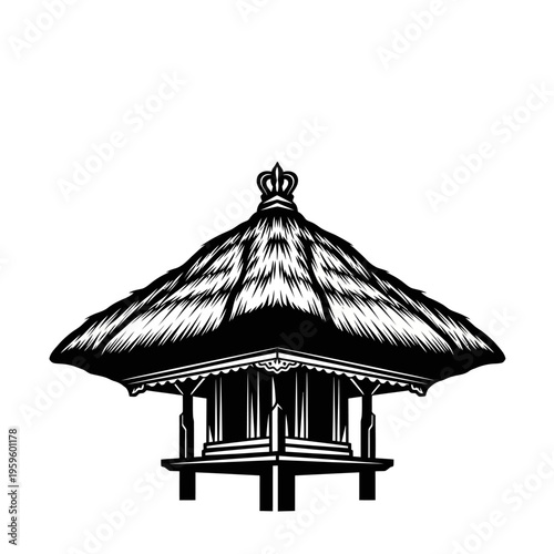 Monochrome Illustration of a Balinese Shrine Structure with Thatched Roof.