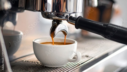 Espresso machine brewing a rich, aromatic coffee into a white cup.