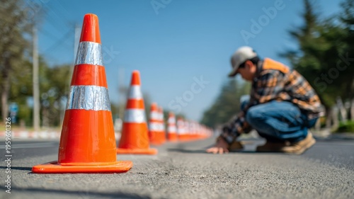 Orange traffic cones lined up on asphalt road with worker in background