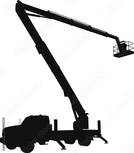 Truck mounted aerial platform, cherry picker, boom lift, utility service silhouette, flat vector