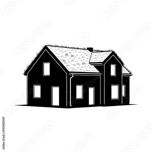 Monochrome Illustration of a Two-Story House with a Pitched Roof.