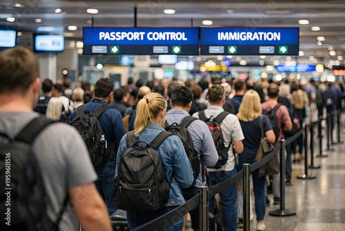 Long queue of passengers at airport passport control and immigration checkpoint with travel backpacks and luggage