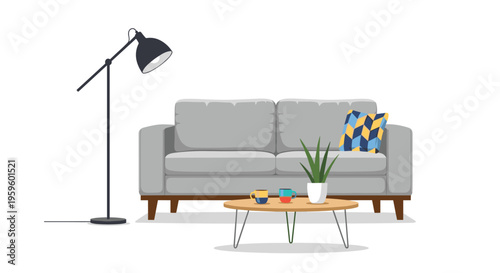 A modern living room setup with a gray sofa, a round wooden coffee table, a plant, and a black floor lamp is depicted.