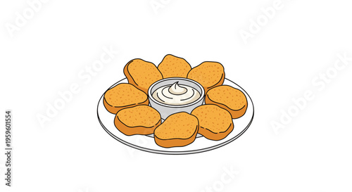 Nine golden-brown chicken nuggets are arranged around a bowl of white dipping sauce on a white plate.