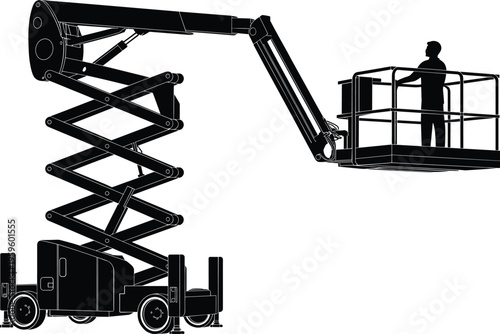 Mobile elevated work platform, scissor lift, articulating boom, hydraulic equipment, flat vector illustration