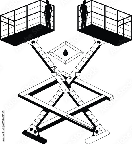 Dual scissor lifts, hydraulic platforms, worker safety equipment, construction silhouette, flat vector illustration
