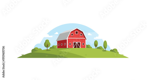 A bright red barn with a gray roof is positioned on a green hill surrounded by trees under a blue sky.