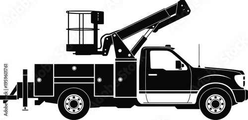 Utility bucket truck, elevated platform, hydraulic arm, maintenance vehicle, silhouette, flat vectorUtility bucket truck, elevated platform, hydraulic arm, maintenance vehicle, silhouette, 