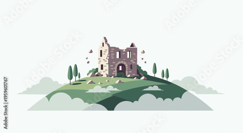 A ruined stone castle stands atop a green hill surrounded by small trees and clouds in a minimalist pixel-art style.