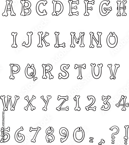 Handwritten Halloween bones skeleton  typography font lettering ABC cartoon vector text