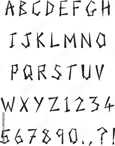 Handwritten splinter sharp typography font lettering ABC cartoon vector text