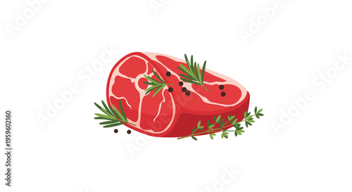 A raw cut of red meat is garnished with rosemary, thyme, and black peppercorns on a white background.