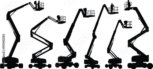 Boom lift silhouettes forming letters workers vector construction illustration
