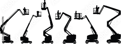 Boom lift silhouettes, aerial work platform workers vector construction illustration