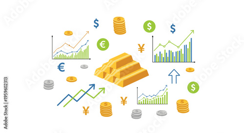 Gold bars are surrounded by coins, currency symbols, financial charts, and upward arrows on a white background.