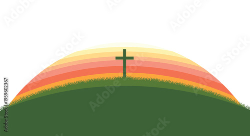 A dark green cross stands on a grassy hill silhouetted against a layered sunset arc and white sky.