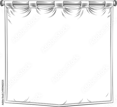 Hand drawn medieval vintage style illustration of a draped fabric royal knight banner flag hanging from a pole. Great for historical, theatrical, heraldic, or decorative design elements