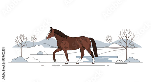 A brown horse walks across a snowy plain with bare trees and distant hills under a white sky.