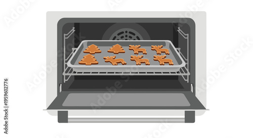 An open oven displays a baking sheet with eight gingerbread cookies, shaped as trees and reindeer, on its middle rack.