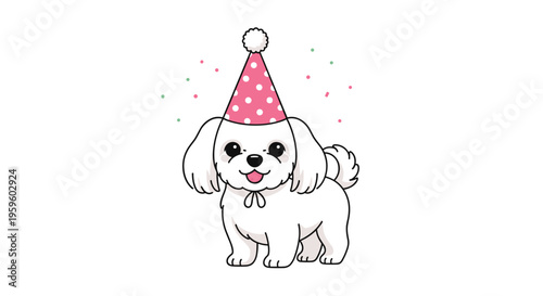 A small, fluffy white dog wearing a pink polka-dotted party hat with a pom-pom stands on a clean white background.